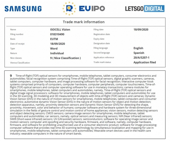 22일 네덜란드 IT전문 매체 레츠고디지털에 따르면 삼성전자는 최근 유럽연합 지식재산청(EUIPO)에 '아이소셀 비전(ISOCELL Vizion)'이라는 상표를 출원했다. [사진=레츠고디지털]