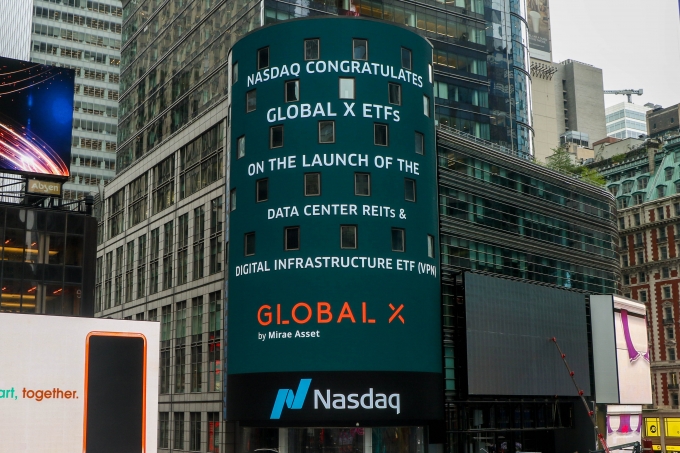 미국 뉴욕 타임스퀘어에 위치한 나스닥 마켓사이트(NASDAQ MarketSite)에 표시된 Global X VPN ETF [사진=미래에셋자산운용]