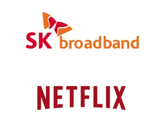 SK브로드밴드와 넷플릭스가 망 이용료를 둘러싸고 공방을 이어가고 있다. 두 회사의 로고. [사진=SKB, 넷플릭스]
