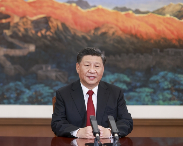 시진핑 중국 국가주석이 19일 중국 베이징에서 아시아태평양경제협력체(APEC) 화상 회의에 참석해 CEO 기조연설을 하고 있다. [연합뉴스]