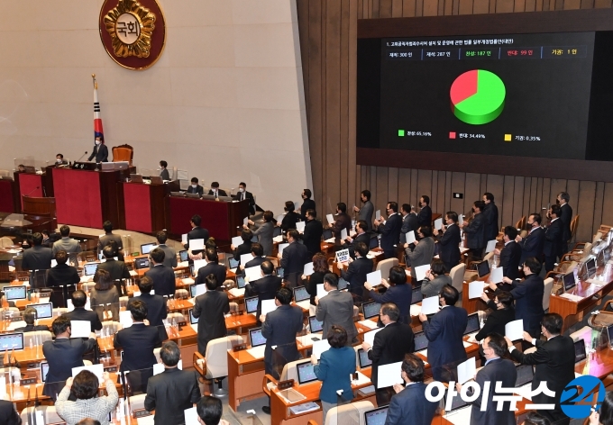 10일 오후 서울 여의도 국회에서 열린 본회의에서 고위공직자범죄수사처(공수처) 설치 및 운영에 관한 일부개정법률안이 통과되고 있다. 국민의힘 의원들이 공수처법 표결을 시작하자 자리에서 일어나 피켓을 들고 구호를 외치고 있다.