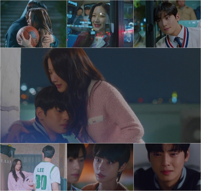 '여신강림' 문가영과 차은우가 눈물 포옹 엔딩을 그려냈다. [사진=tvN 방송화면 캡처]