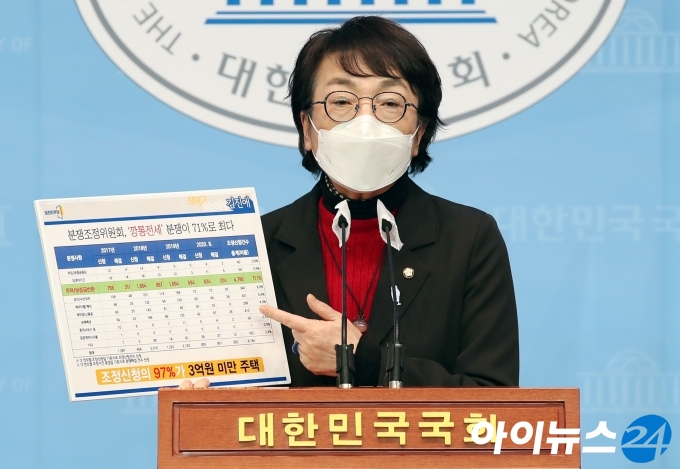 김진애 열린민주당 의원이 19일 서울 여의도 국회 소통관에서 서민 세입자 전세금 보호 3종 제도 개정안 발의 기자회견을 하고 있다.