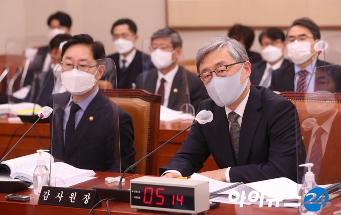 최재형 감사원장이 22일 오전 서울 여의도 국회에서 열린 법제사법위원회 전체회의에 출석해 의원들의 질의에 답변하고 있다. 