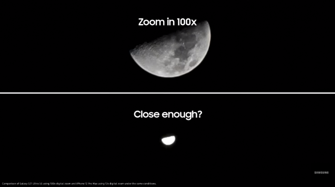삼성전자는 갤럭시S21 울트라와 아이폰12 프로맥스로 촬영한 달 사진을 비교했다. [사진=삼성 US 유튜브]