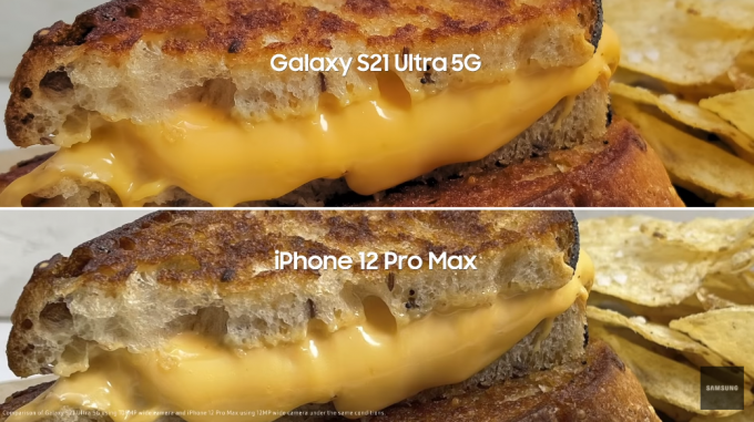 삼성전자는 유튜브에 게재한 영상을 통해 갤럭시S21 울트라, 아이폰12 프로맥스로 촬영한 햄버거 사진을 비교했다. [사진=삼성 US 유튜브]