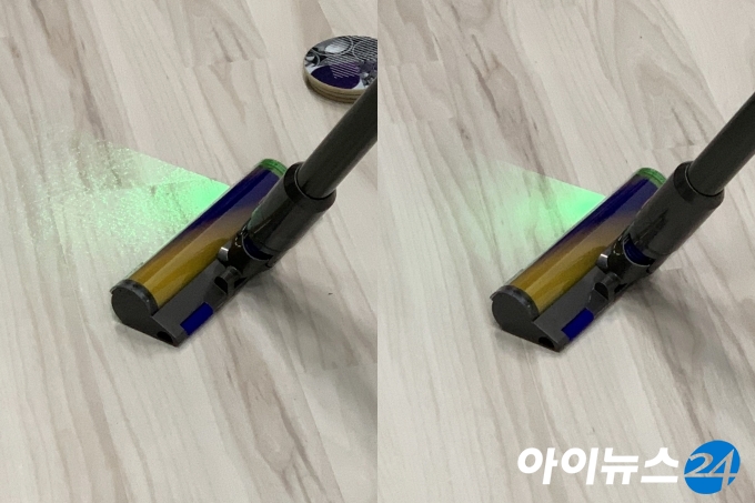 다이슨 무선청소기 신제품 레이저 슬림 플러피 클리너 헤드에는 녹색 레이저가 탑재돼 눈에 보이지 않는 먼지도 확인할 수 있다. 청소 전(왼쪽)과 청소 후 레이저로 비춘 바닥 모습. [사진=서민지 기자]
