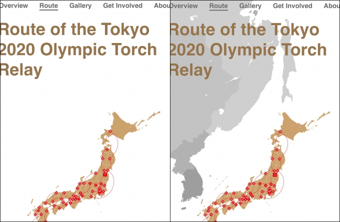 도쿄올림픽 홈페이지에 작은 점으로 독도를 표기한 일본 지도(오른쪽)과 독도의 올바른 표기 방법을 일본측에 알려준 지도 예시안. [사진=서경덕 성신여대 교양학부 교수 연구팀]