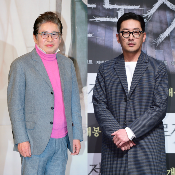 배우 김용건과 하정우가 각각 작품 제작발표회에 참석해 포즈를 취하고 있다.   [사진=조이뉴스24 포토DB]