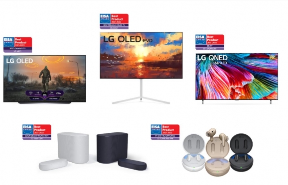 사진 상단 왼쪽부터 시계방향으로 48형 LG 올레드 TV, LG 올레드 에보, LG QNED 미니LED, LG 톤 프리, LG 사운드 바 에클레어. [사진=LG전자 ]